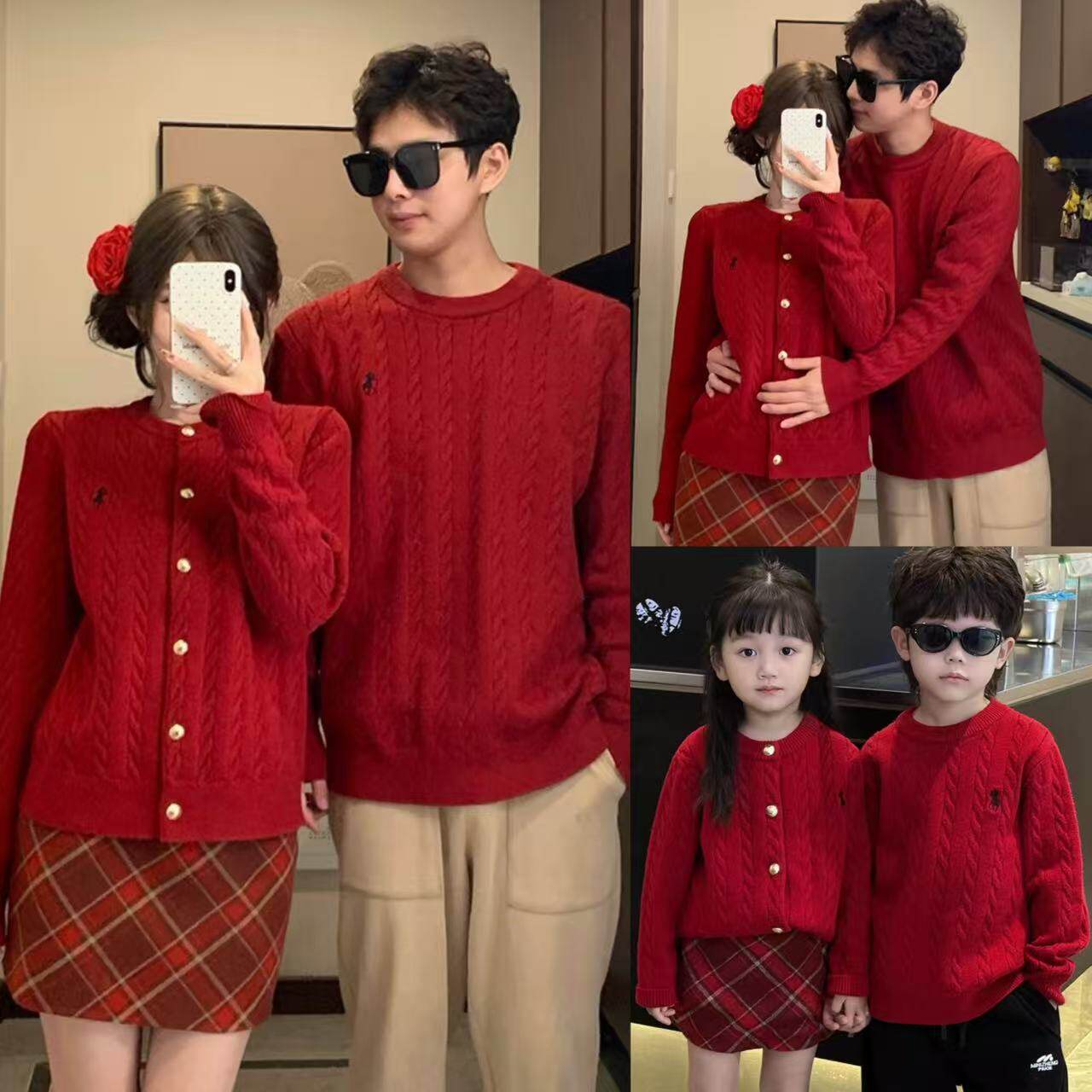 新年亲子装毛衣2025新款一家三口四口红色拜年服针织衫外套喜庆潮