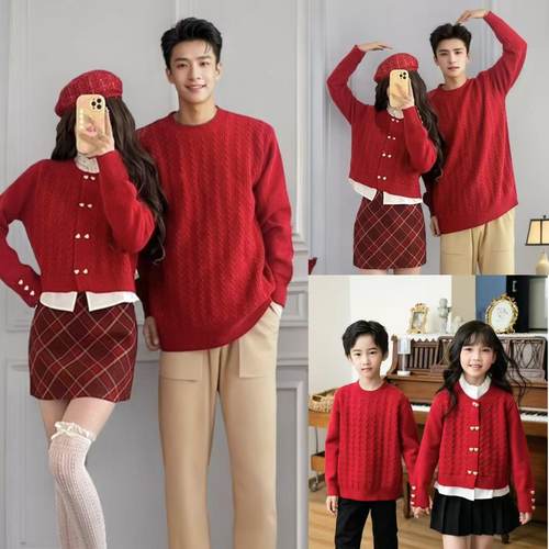 法式亲子装秋冬装毛衣红