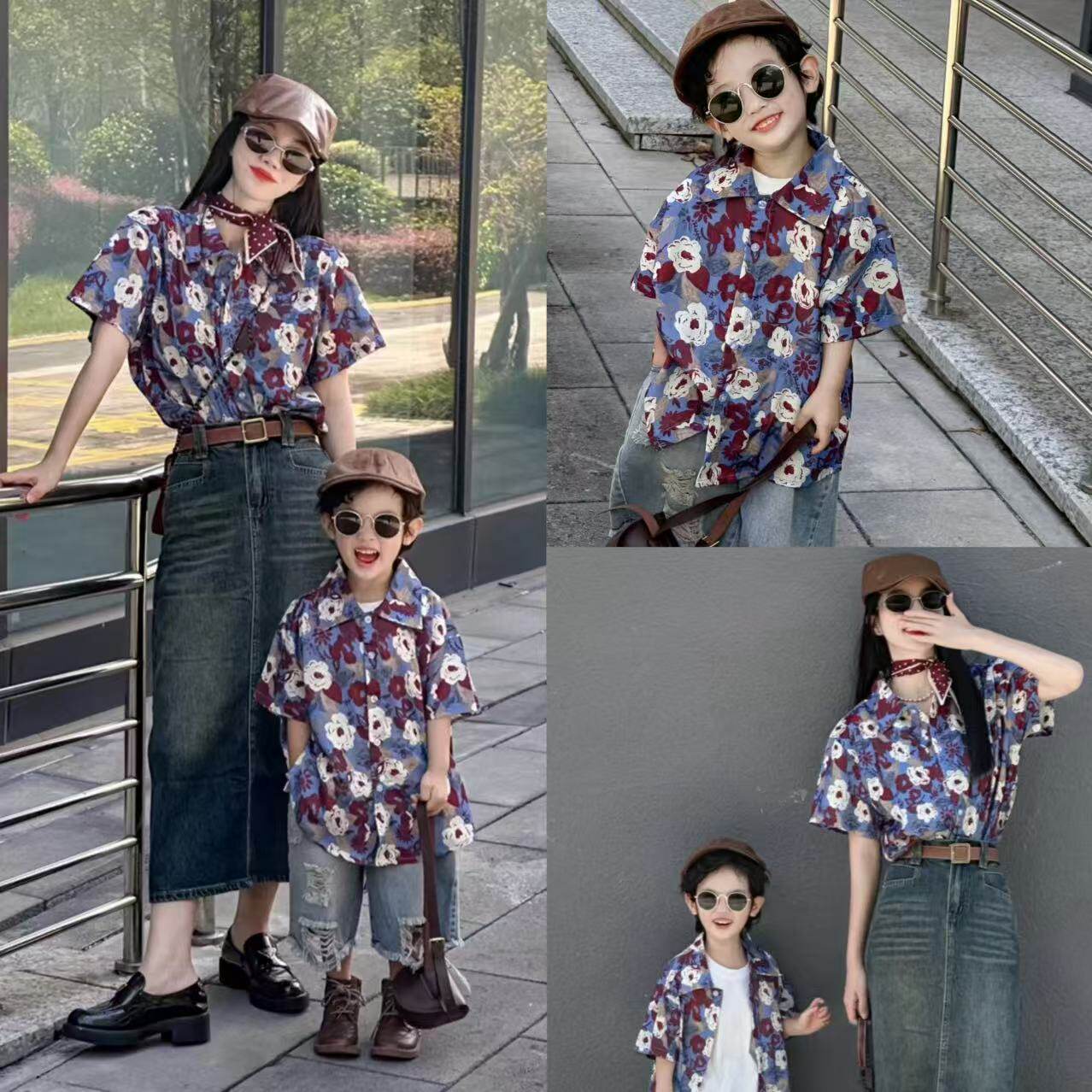 复古港风亲子装2025新款夏季8090怀旧一家三口母子母女高级感衬衫