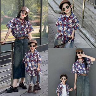 复古港风亲子装2025新款夏季8090怀旧一家三口母子母女高级感衬衫
