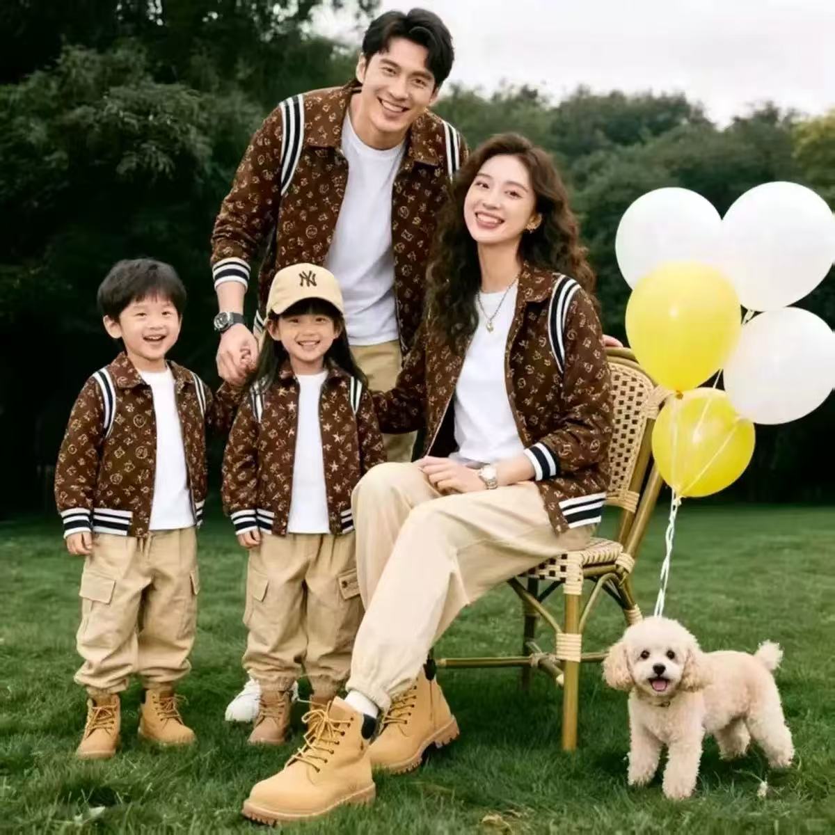 老花亲子装秋装外套一家三口全家装满印夹克母子母女装覆古港风潮