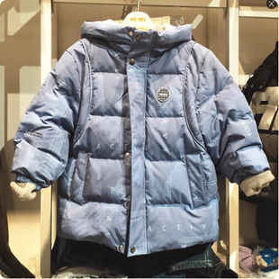 专柜同款Abckids儿童羽绒服男童中长款连帽加厚蓝色外套