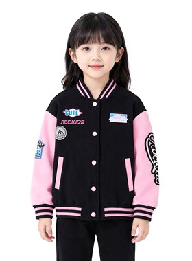 商场同款Abckids童装秋季女童时尚拼色外套棒球服中童