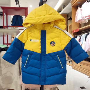 专柜同款Abckids儿童羽绒服中长款蓝黄拼接撞色连帽保暖外套