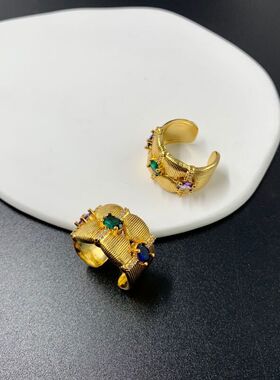 青岛中古vintage 西洋复古铜镀真金彩色锆石撞色可调节法式指环