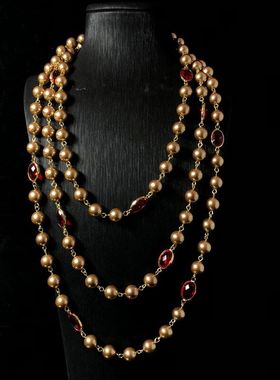 欧美项链复古珍珠红手工玻璃铜材质长款项链毛衣链小香风饰品设计