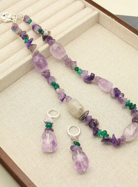 春夏新款小清新蓝色碎石项链串珠紫绿水晶耳饰简约设计浪漫假日风