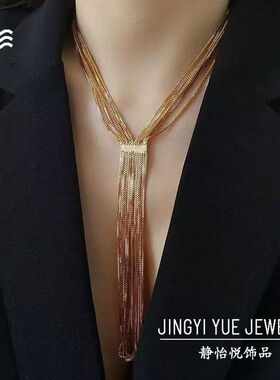 欧美夸张设计感Y字型毛衣链 金属多层长款锁骨链 中古轻奢项链女