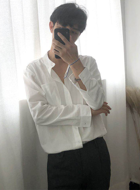 韩版春夏季长袖纯色宽松衬衫男立领棉麻衬衫纯棉圆领复古白色衬衣