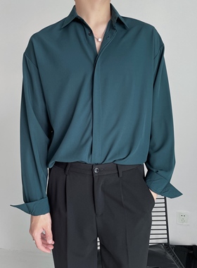 免烫禁欲系雪纺垂感坠感韩版百搭男士衬衫男长袖宽松潮流冰丝衬衣