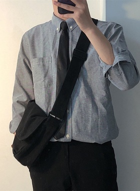 复古经典牛精纺韩版翻领衬衫男港风大码长袖休闲情侣修身纯色衬衣