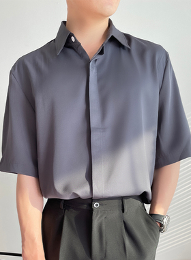 夏季免烫纯色百搭方领短袖男衬衫宽松休闲冰丝雪纺丝滑垂感轻熟风