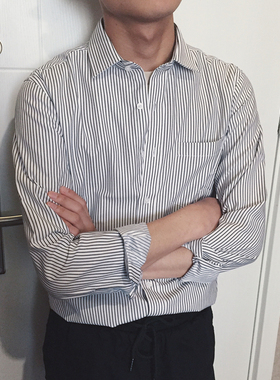 免烫条纹新款休闲韩国复古宽松条纹修身方领衬衫百搭商务男士衬衣
