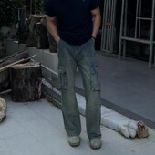 美式 复古水洗工装 牛仔裤 ULTISO本源 直筒宽松多口袋休闲百搭长裤