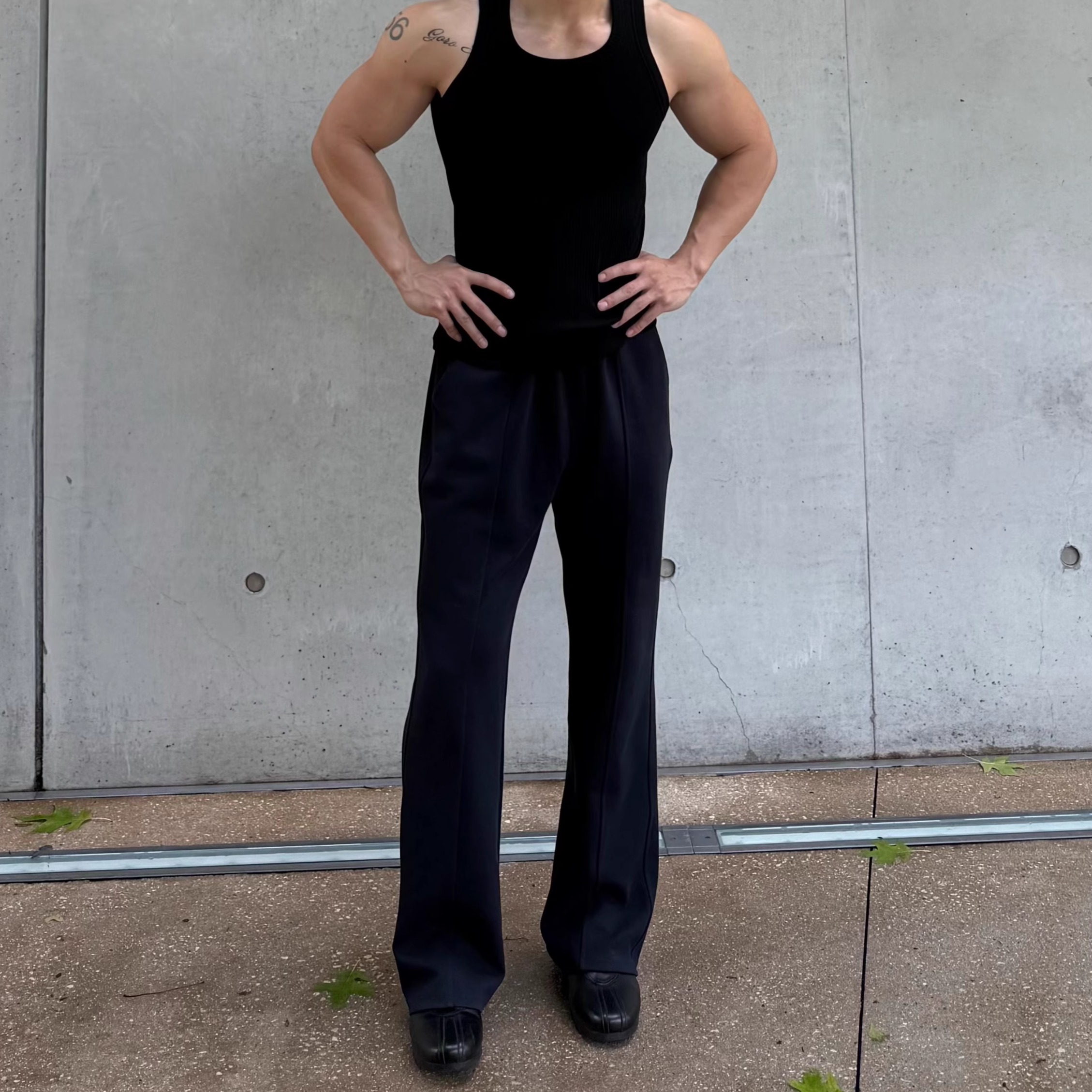ULTISO本源 美式重磅空气层拼接卫裤休闲运动宽松微喇显高长裤