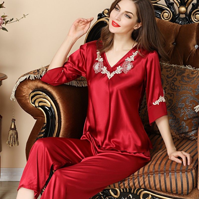 睡衣女春夏秋季2023年新款真丝套装大码丝绸家居服冰丝女夏天