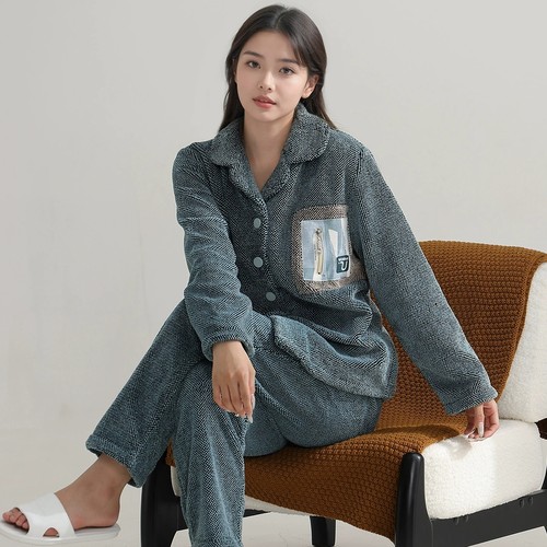 珊瑚绒睡衣女士加绒加厚保暖套装
