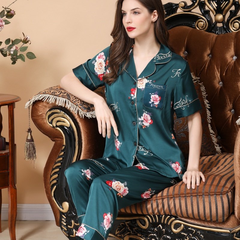 睡衣女士夏季冰丝短袖长裤2023年新款夏天真丝薄款丝绸家居服套装