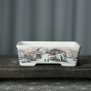 内径10-15内深0-5陶瓷花盆景盆长方手工彩绘有孔多肉菖蒲文竹桌面