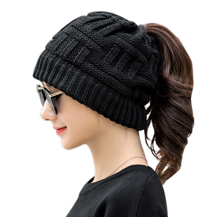 帽子女冬天韩版潮时尚秋冬套头帽空顶帽冬天漏马尾护耳针织毛线帽