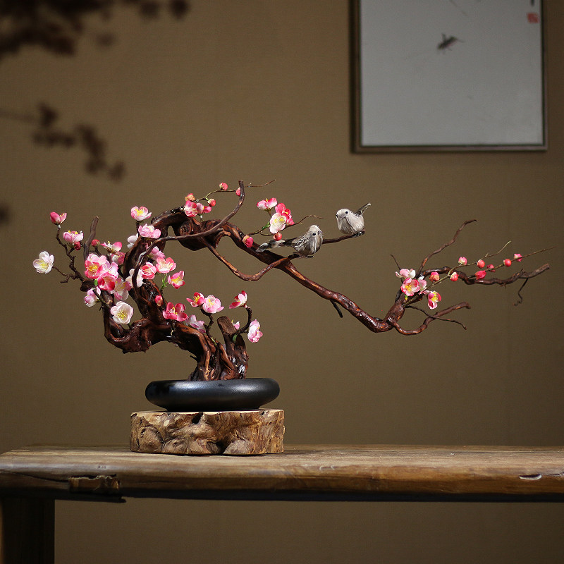 仿真禅意腊梅花盆景中式客厅家居饰品酒店茶桌博古架喜上眉梢摆件