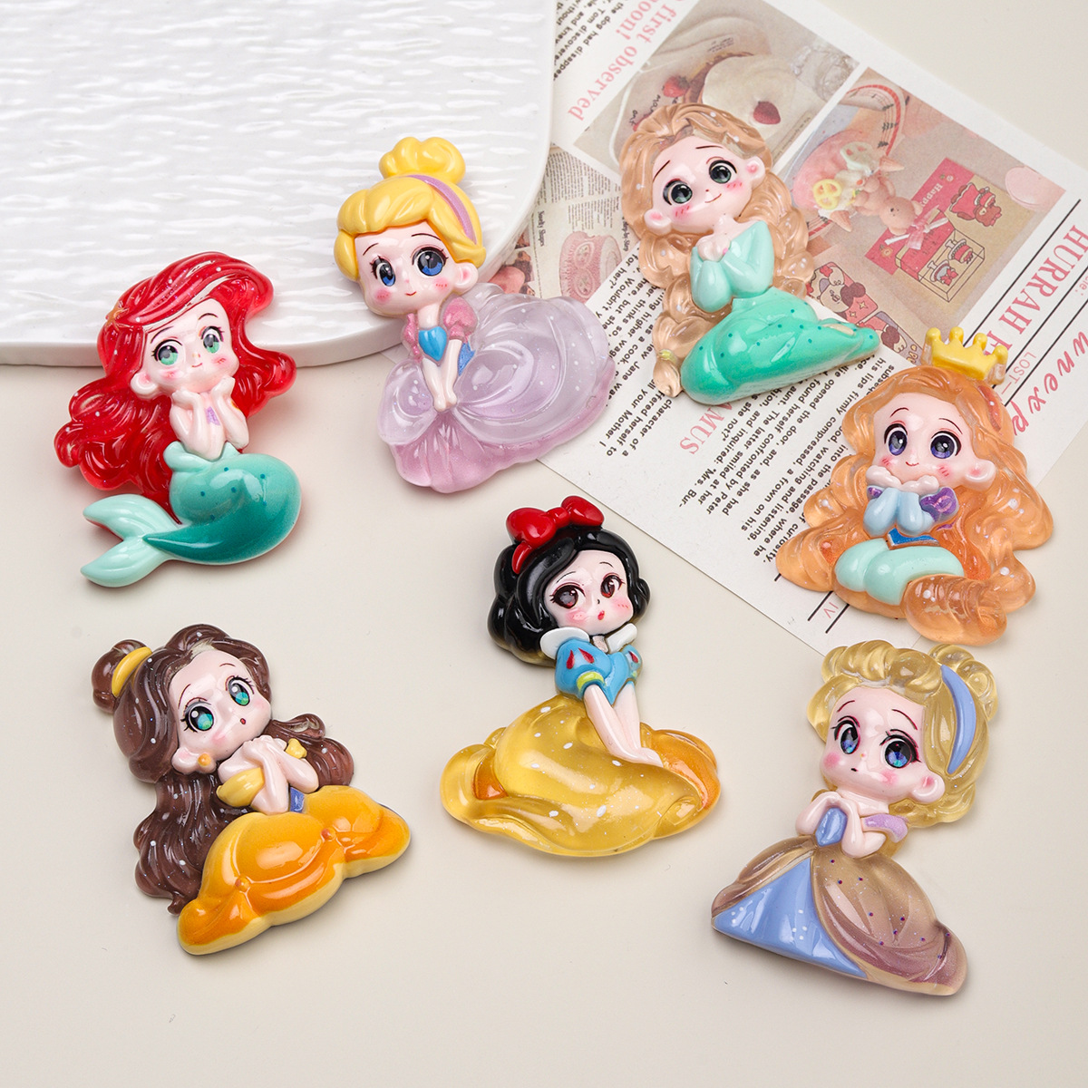 卡通diy树脂配件饰品大卡夜光7款公主发夹手机壳鞋扣钥匙扣吊坠