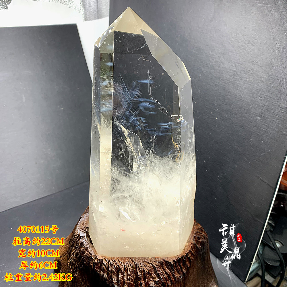 天然白水晶柱摆件 蓝针水晶 原石打磨 六棱柱 晶体透 显性蓝针