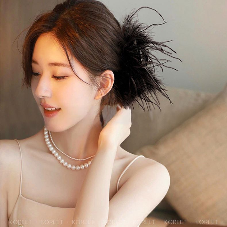 羽毛抓夹毛毛发夹女后脑勺夹子黑色鸵鸟毛头饰鸡毛感鲨鱼夹
