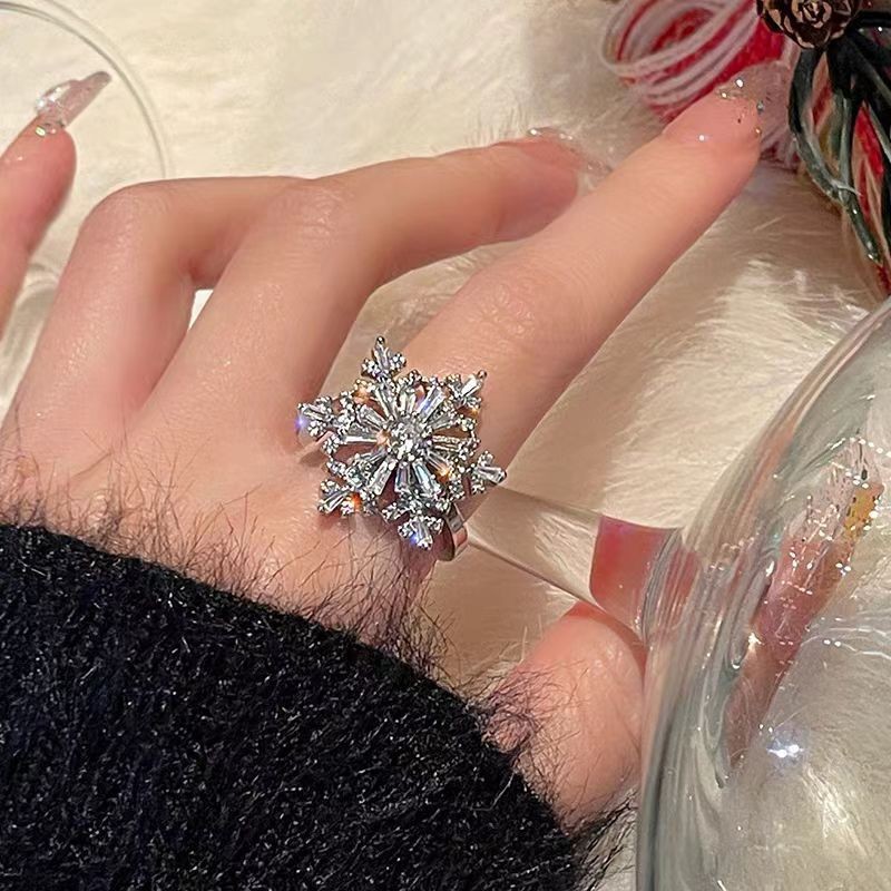 网红新款旋转双层锆石雪花戒指女感轻奢小众开口指环饰品