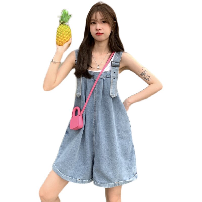 DENIM STRAP SHORTS WOMENS SUMMER KOREAN VERSION 2023 NEW CUTE AGE-REDUCING SMALL PEOPLE WEAR LOOSE WIDE-LEG PANTS OUTSIDE