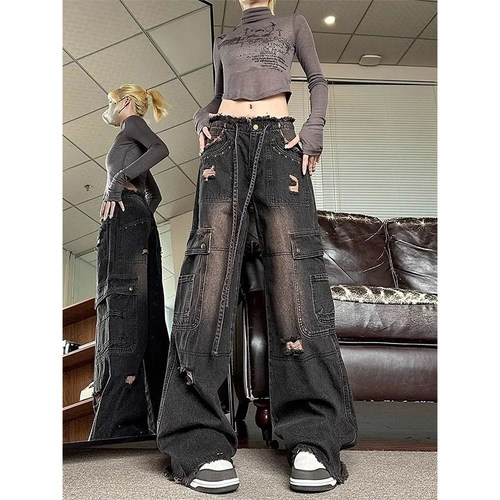 复古做旧黑色工装牛仔裤女