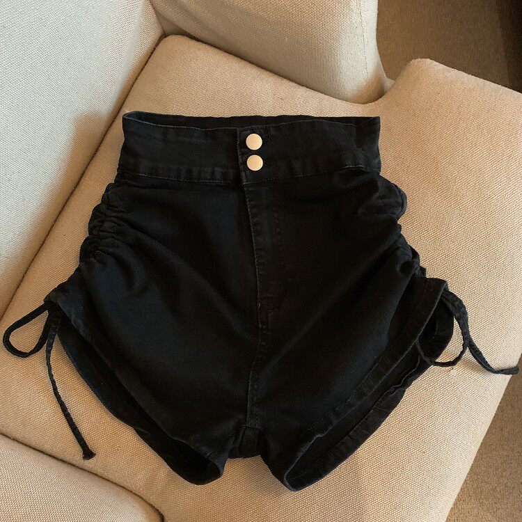 HOT GIRL DENIM SHORTS WOMENS SUMMER 2023 NEW DESIGN SENSE DRAWSTRING SLIMMING HIGH WAIST WIDE LEG PANTS A WORD HOT PANTS