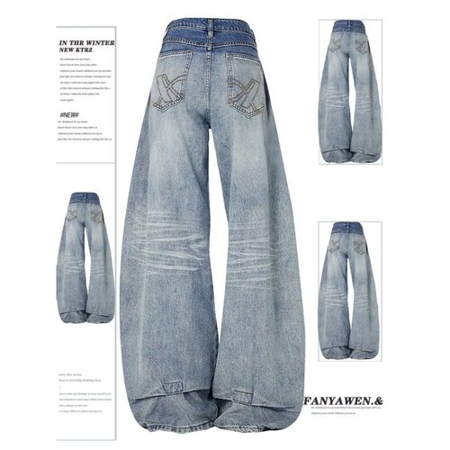 美式复古做旧辣妹弯刀牛仔裤女秋季高街设计感宽松显瘦垂感阔腿裤