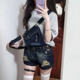 美式复古破洞牛仔背带短裤女2025新款纯欲俏皮辣妹性感超短热裤子