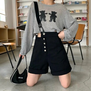 欧洲站单肩带背带裤女2023夏季新款韩版宽松高腰牛仔五分阔腿短裤