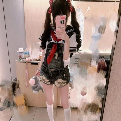 2025年辣妹夏季新款背带裤牛仔美式复古背带短裤水洗连体破洞潮款