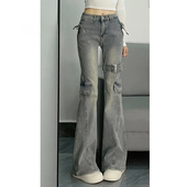 复古微喇叭牛仔裤 直筒裤 女春夏季 显瘦系带拼接工装 设计感修身 美式