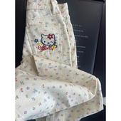 复古甜美显瘦碎花直筒长裤 新款 女2025春季 白色KT猫刺绣休闲牛仔裤