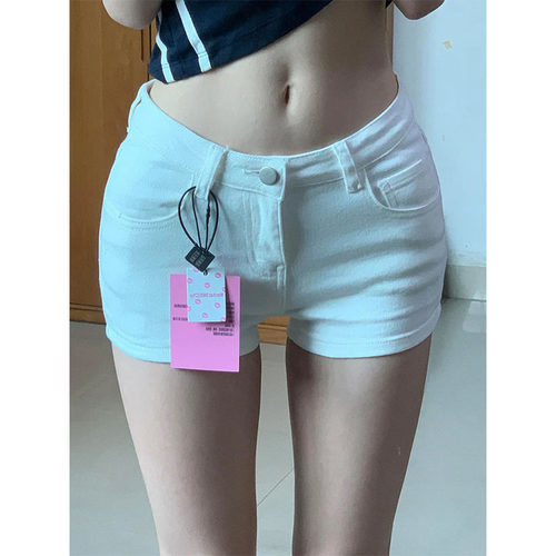 美式甜辣妹白色低腰牛仔超短裤