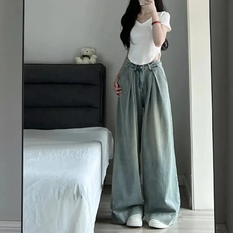 VINTAGE ATMOSPHERE SENSE HONG KONG STYLE WIDE LEG JEANS WOMENS SPRING 2023 NEW FASHION LOOSE HIGH WAIST MOP LONG PANTS
