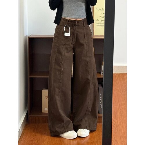 美式复古水洗做旧咖色工装阔腿牛仔裤女显瘦宽松百搭高腰拖地裤子