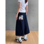 高街彩绘印花七分牛仔裤 显瘦中裤 女宽松夏季 复古阔腿裤 潮 新款 美式