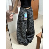 宽松显瘦直筒拖地长裤 美式 女2025夏季 新款 高街迷彩工装 阔腿牛仔裤