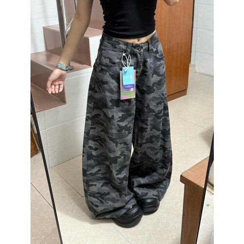 美式高街迷彩工装阔腿牛仔裤女2025夏季新款宽松显瘦直筒拖地长裤