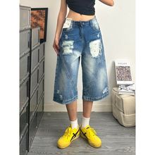 美式新款水洗破洞牛仔七分裤女款夏季高街直筒宽松显瘦阔腿牛仔裤