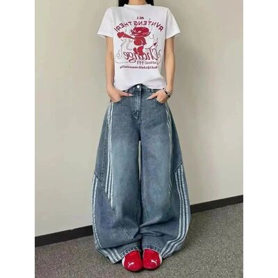 美式复古水洗解构弯刀牛仔裤阔腿设计三条条纹拼接宽松拖地裤子潮