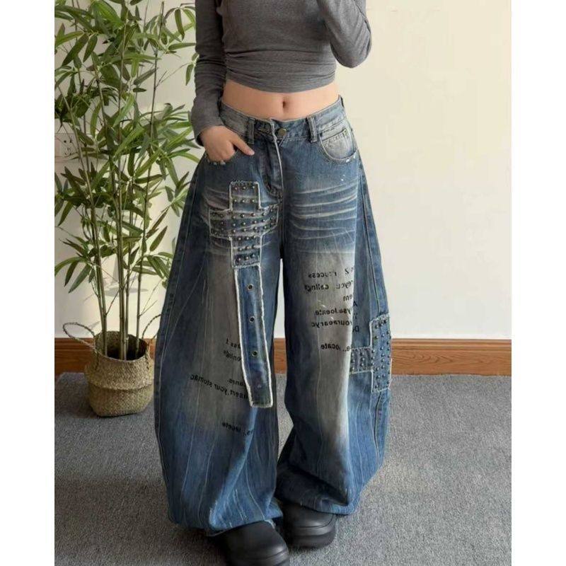 高街工装弯刀牛仔裤女十字架铆钉贴布阔腿长裤宽松慵懒辣妹休闲裤,女装/女士精品,牛仔裤,淘宝优惠券,粉丝福利购,淘宝优惠卷