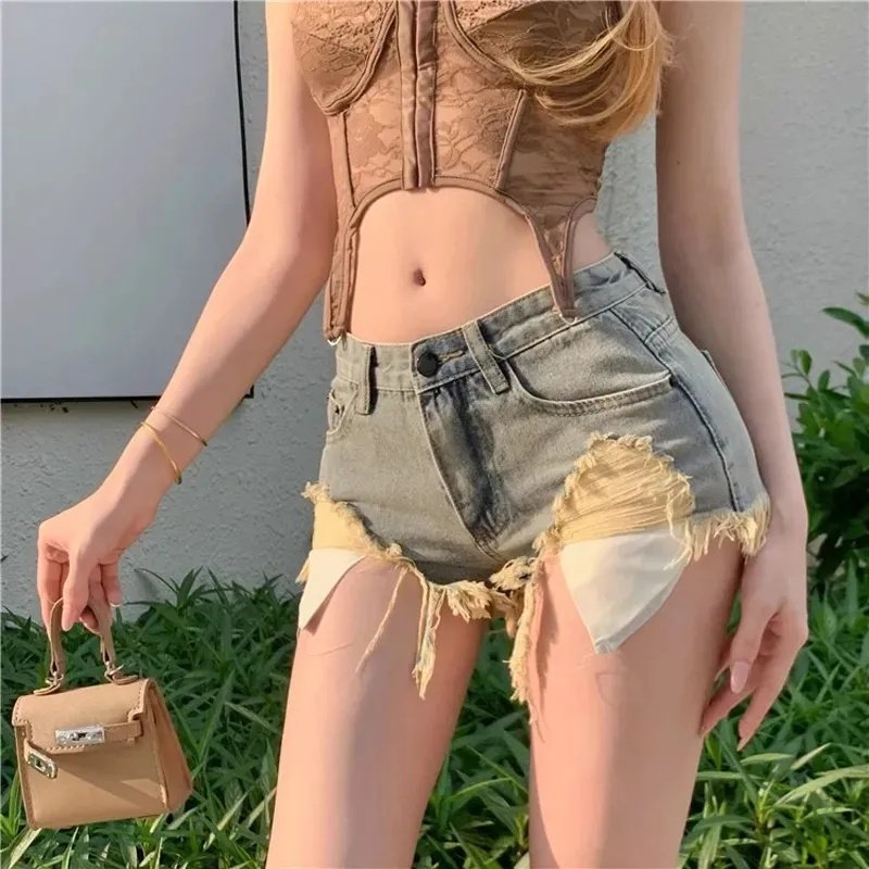 复古破洞毛边牛仔短裤女2024夏季漏口袋高腰显瘦辣妹A字阔腿热裤
