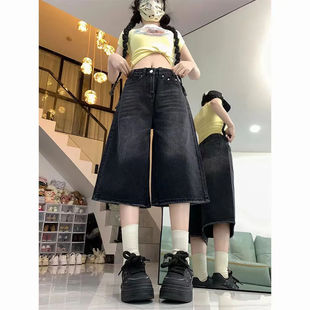 女做旧宽松阔腿显瘦百搭直筒中裤 七分牛仔短裤 子 高街春夏新款 美式