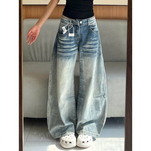 春季新款高腰宽松显瘦直筒阔腿长裤子美式刺绣后口袋弯刀牛仔裤女